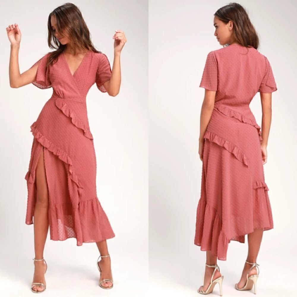 Lulus Next To You Rusty Rose Swiss Dot Ruffled Midi Dress XS​​​​​​​​​​​​​​​​​​